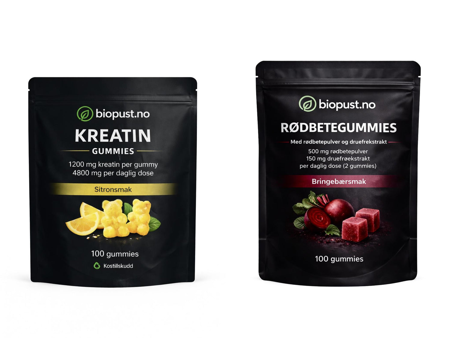 Biopust Kreatin Gummies med sitronsmak og Rødbetegummies med bringebærsmak