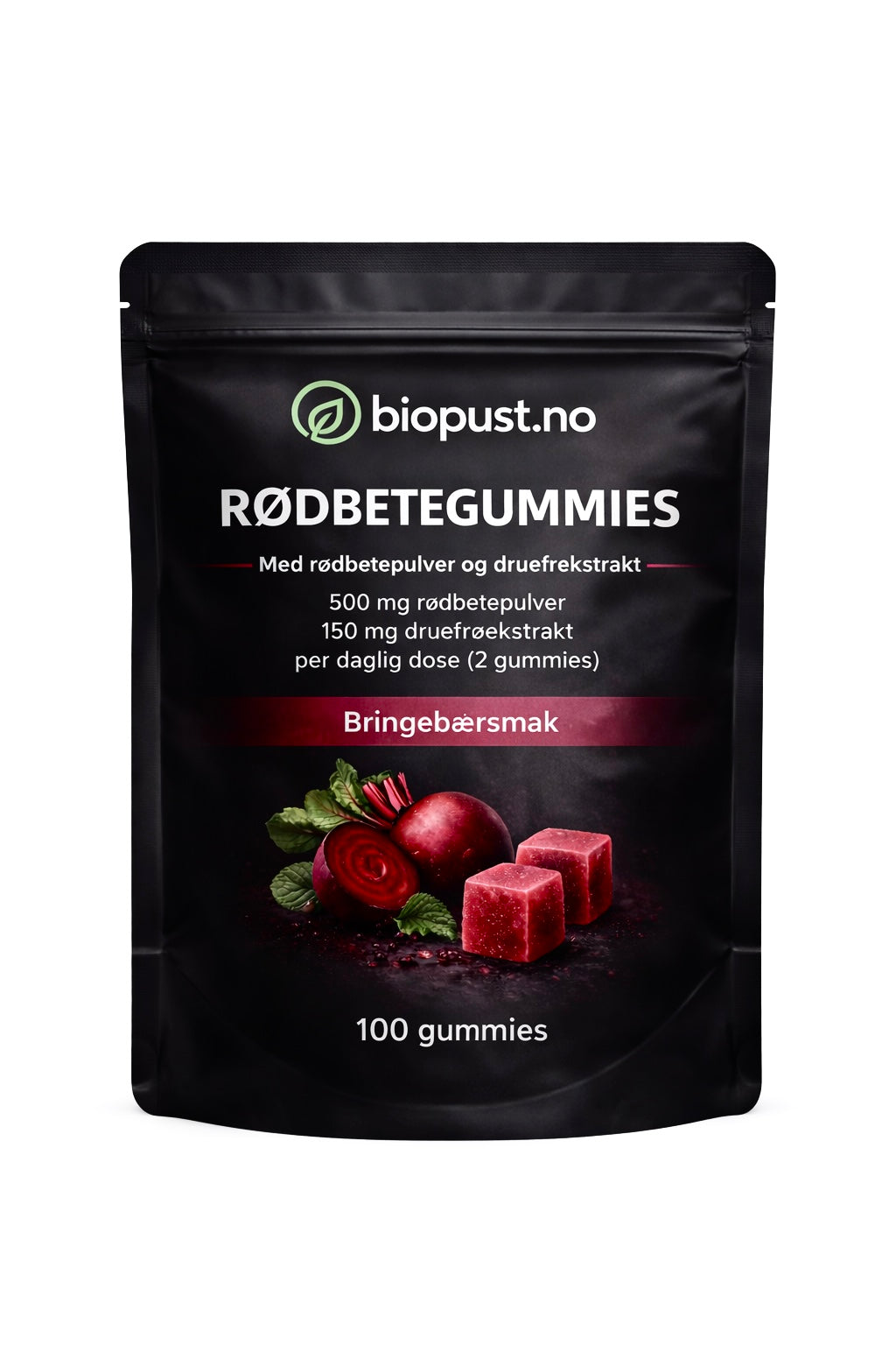 Biopust Rødbetegummies med rødbetepulver og druefrøekstrakt, bringebærsmak, 100 gummies