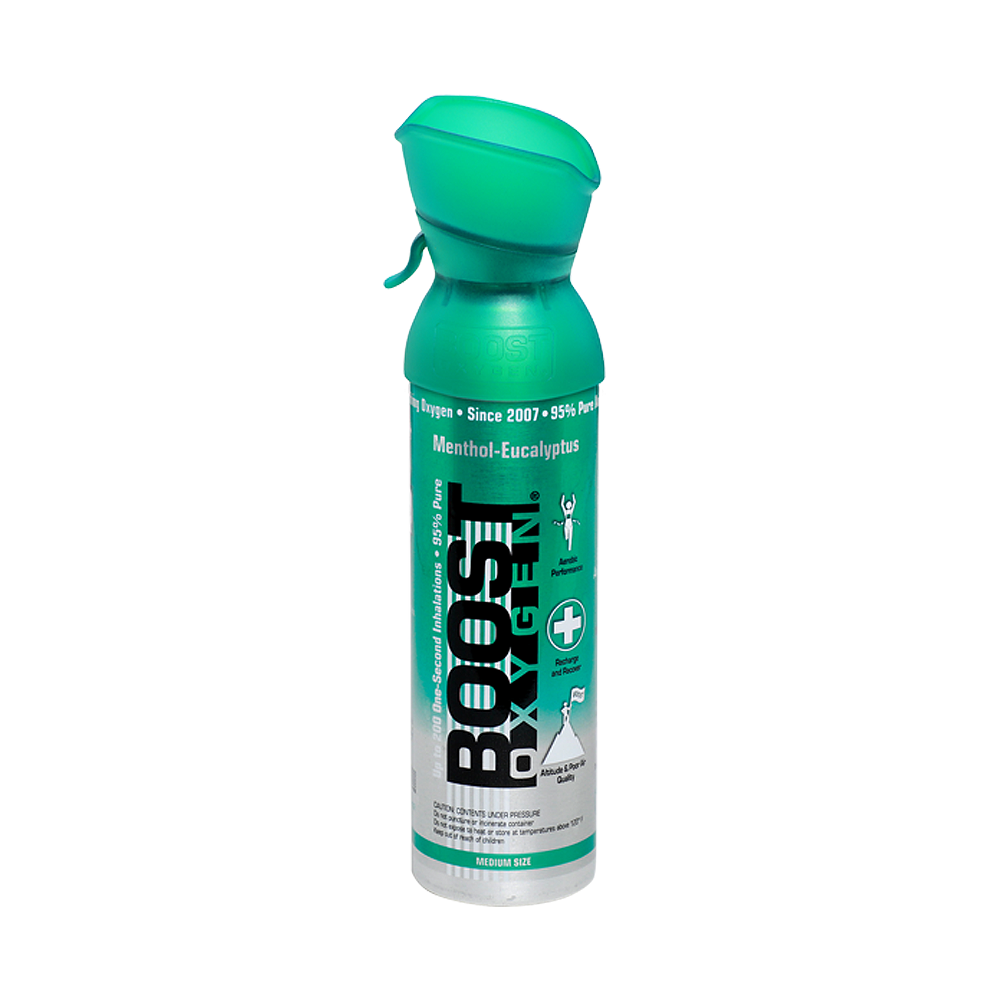 Boost Oxygen Menthol Eucalyptus bærbart oksygen på boks med mentol- og eukalyptusaroma, medium størrelse