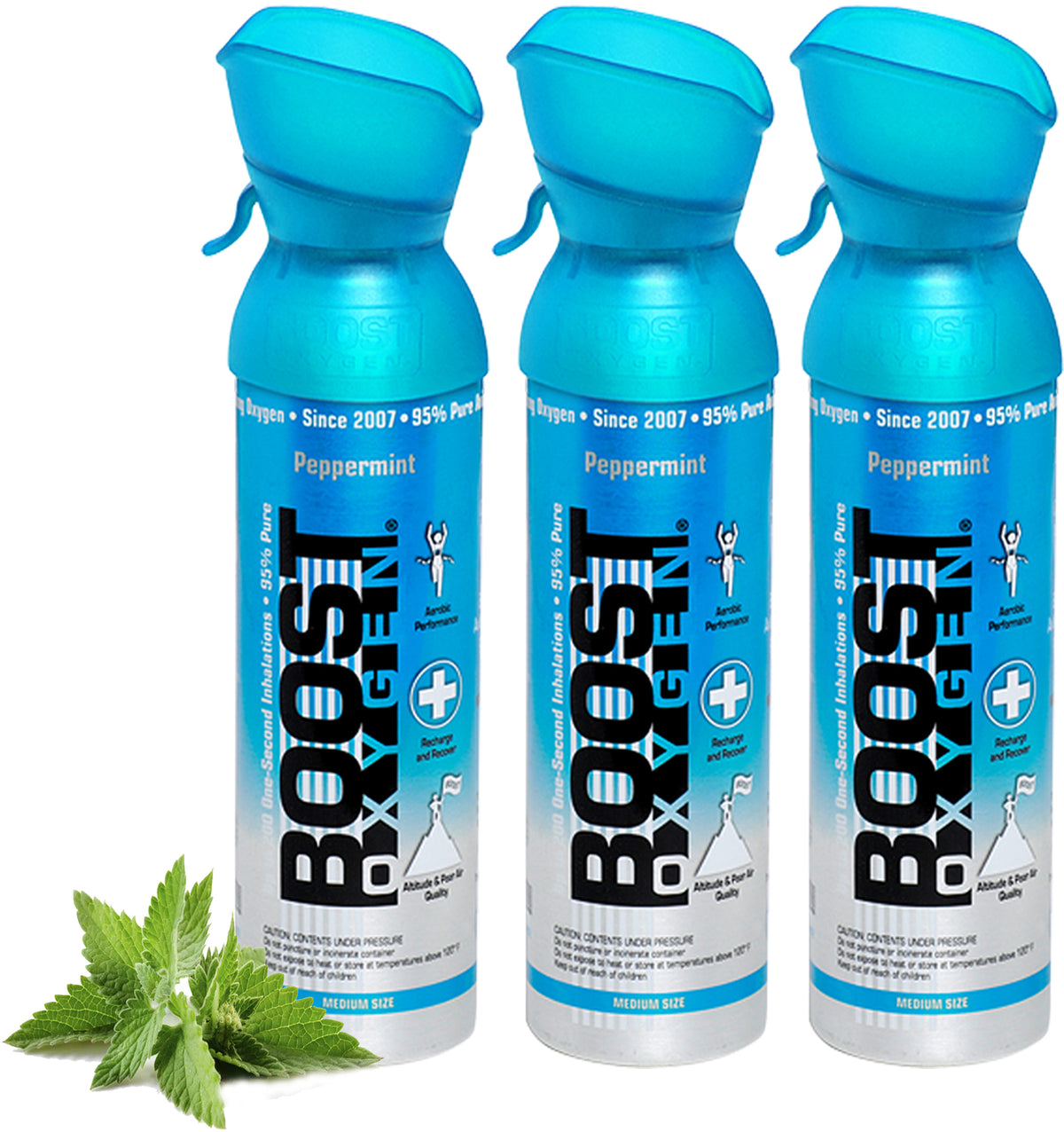 Boost Oxygen Peppermint bærbart oksygen på boks med peppermyntearoma i 3-pakning