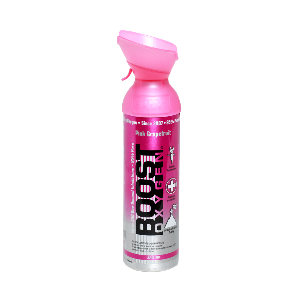 Boost Oxygen Pink Grapefruit bærbart oksygen på boks med grapefruktaroma