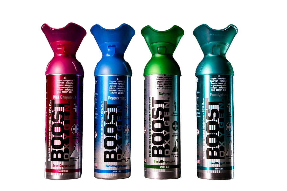Boost Oxygen bærbart oksygen på boks i variantene Pink Grapefruit, Peppermint, Natural og Eucalyptus