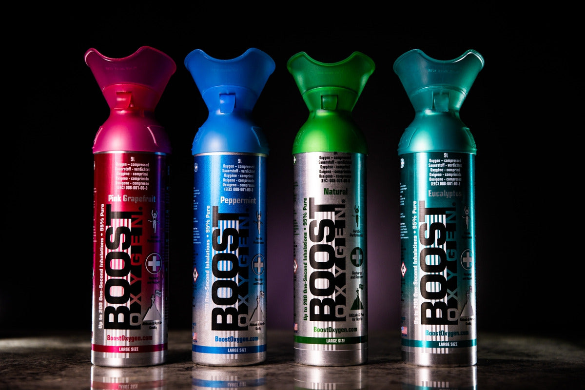 Boost Oxygen 4-pakke (9L) – Natural, Peppermint, Pink Grapefruit, Menthol-Eucalyptus